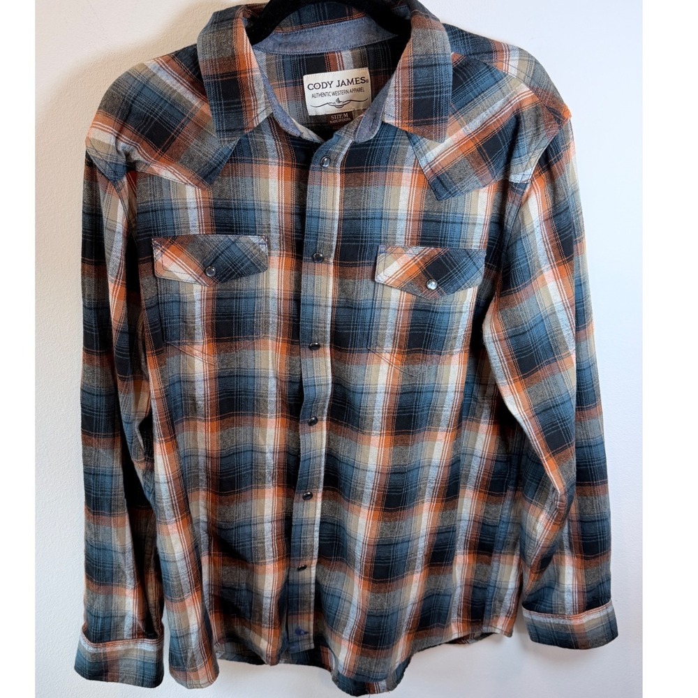 Cody James Mens Plaid Western Flannel Shirt Orange Blue Black Pearl Snap Size M